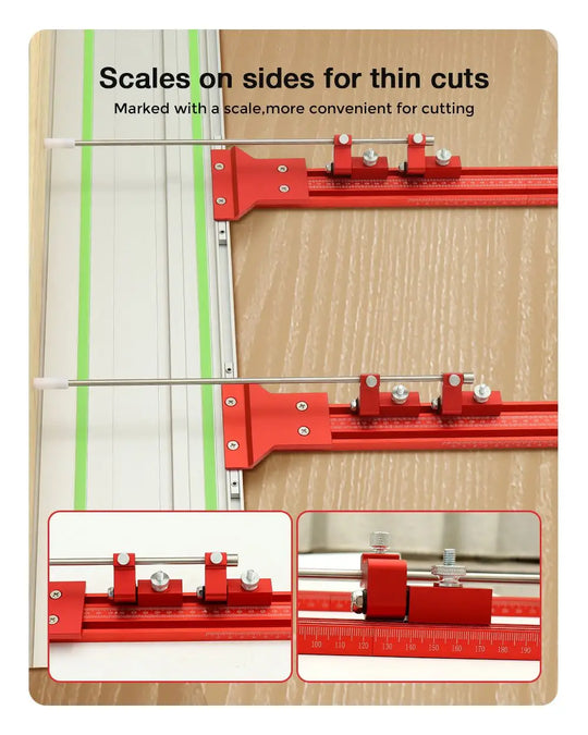Festool TrackSaw parallel guide system with clamps showing scales on sides for thin cuts, enhancing cutting accuracy.