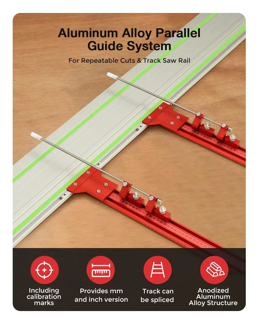 Festool TrackSaw parallel guide system featuring aluminum alloy and calibration marks for precise woodworking cuts.