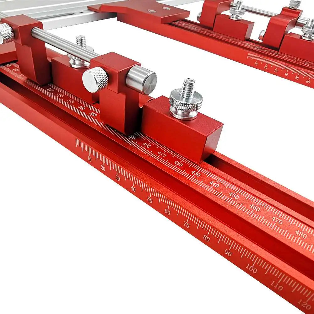 Festool TrackSaw parallel guide system showcasing red parallel guide and clamps for precise woodworking accuracy.