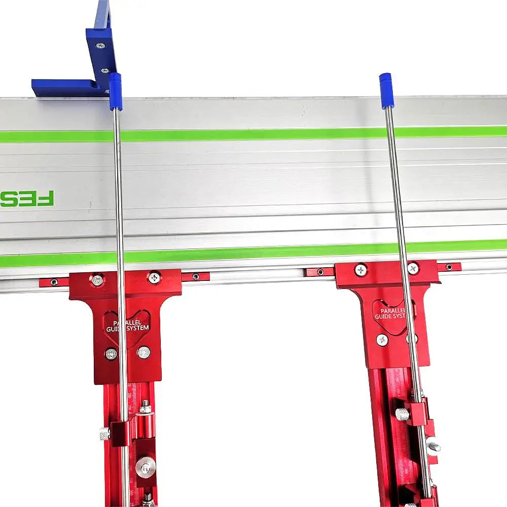 Festool TrackSaw Parallel Guide System with clamps showcasing precision cutting features and red clamping system.
