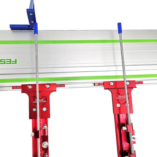 Festool TrackSaw Parallel Guide System with clamps showcasing precision cutting features and red clamping system.