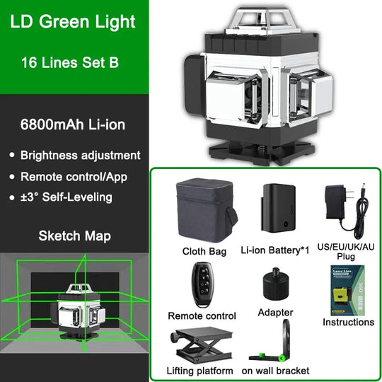 Laser Level Green Beam Light self leveling Remote Controled 16 lines