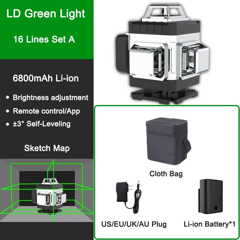 Laser Level Green Beam Light self leveling Remote Controled 16 lines