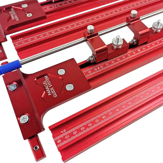 Festool TrackSaw parallel guide system with clamps showcasing precision aluminum construction and measuring scales.