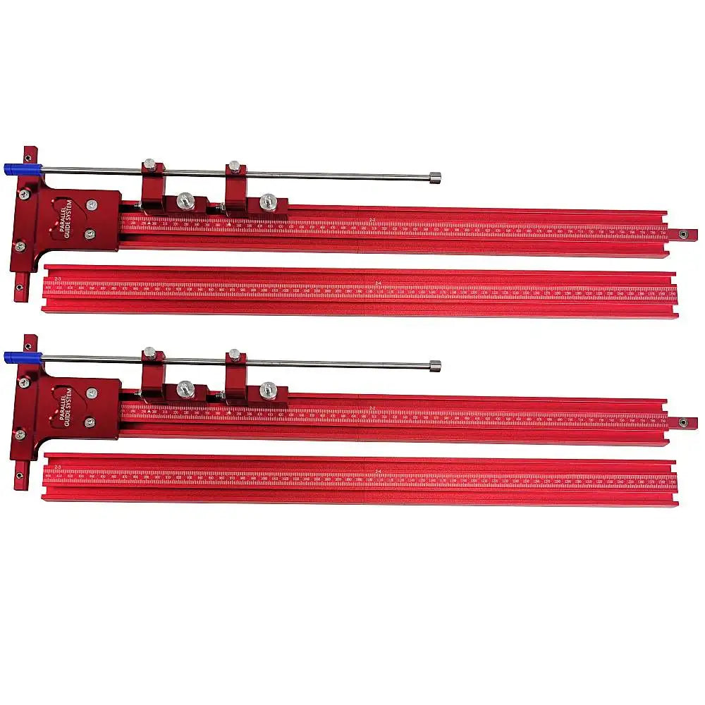Festool TrackSaw Parallel Guide System with clamps in red, designed for precise woodworking cuts.