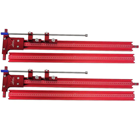 Festool TrackSaw Parallel Guide System with clamps in red, designed for precise woodworking cuts.