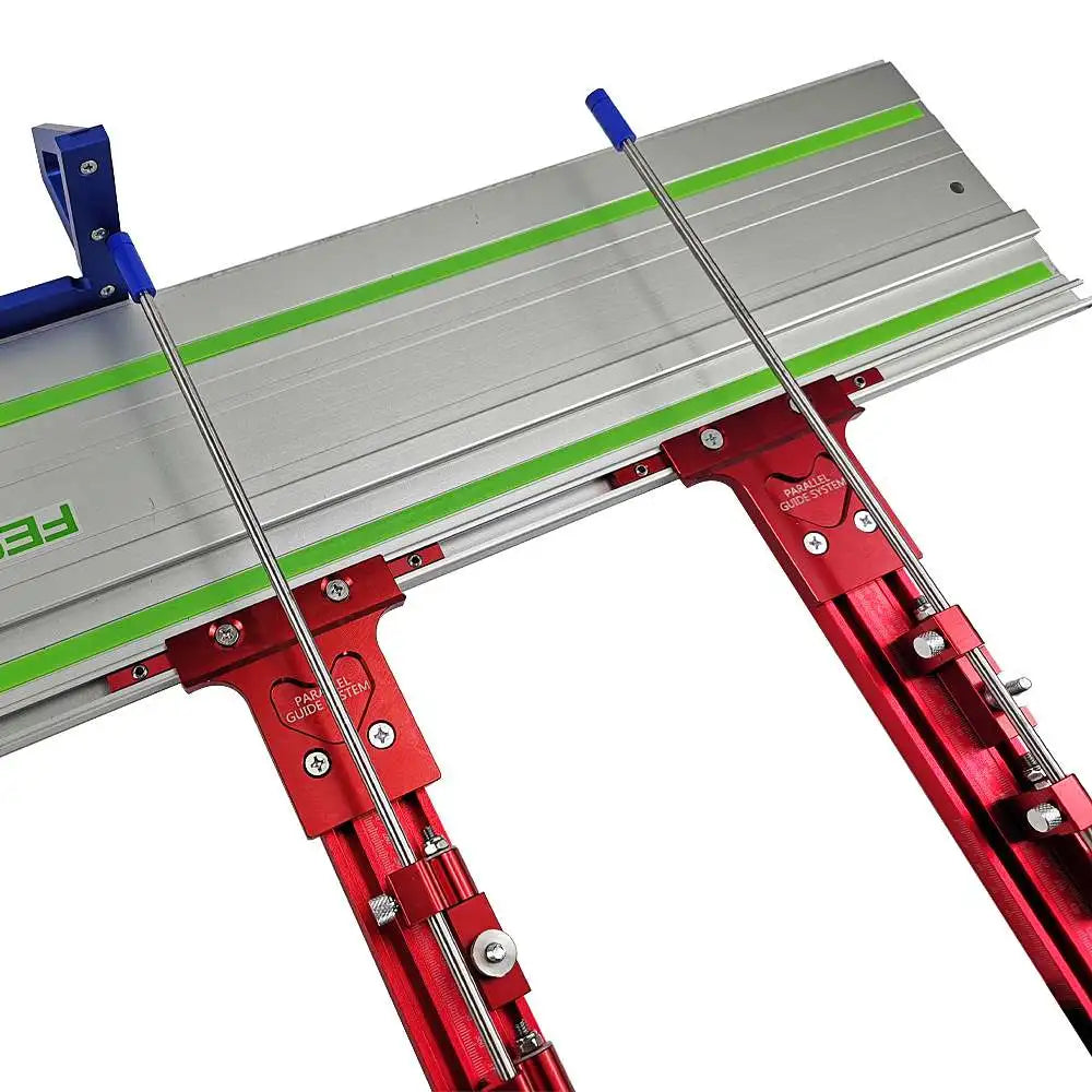 Festool TrackSaw parallel guide system with clamps, showcasing precision cutting tools for woodworking.