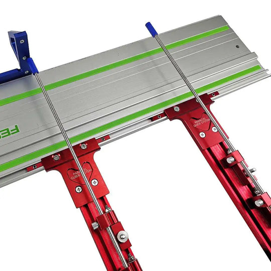 Festool TrackSaw parallel guide system with clamps, showcasing precision cutting tools for woodworking.