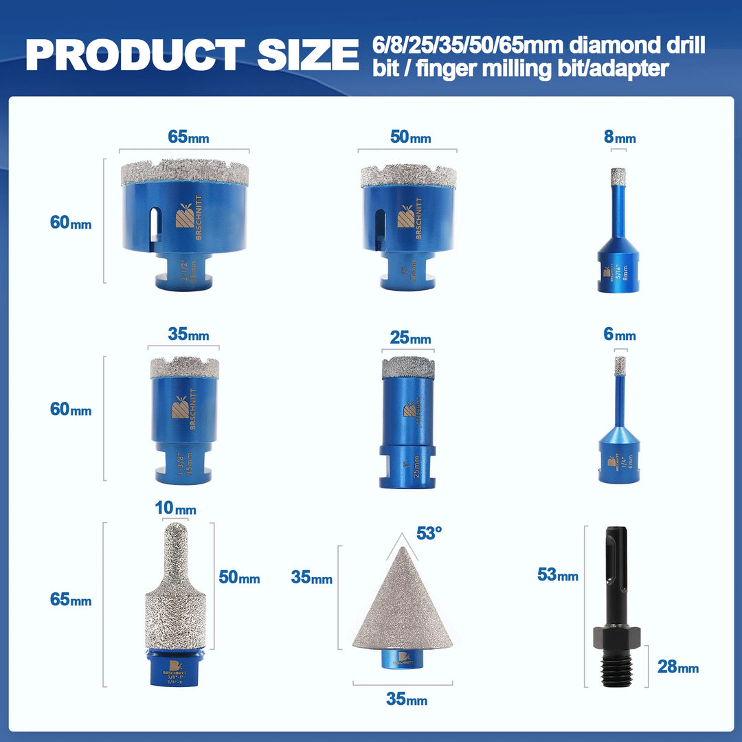 Diamond Drill bit kit Tool Broski BRSCHNITT 9pcs aluminum case 1/4" - 2 1/2"