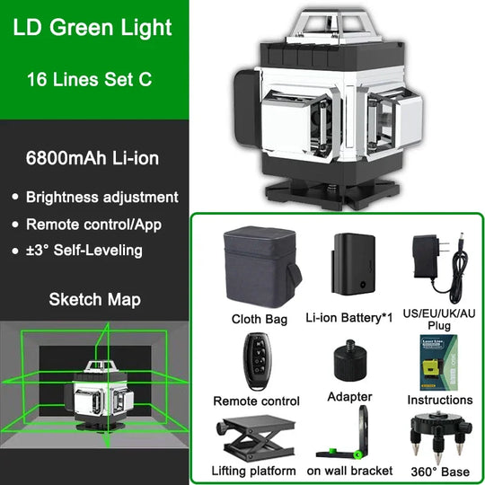 Laser Level Green Beam Light self leveling Remote Controled 16 lines